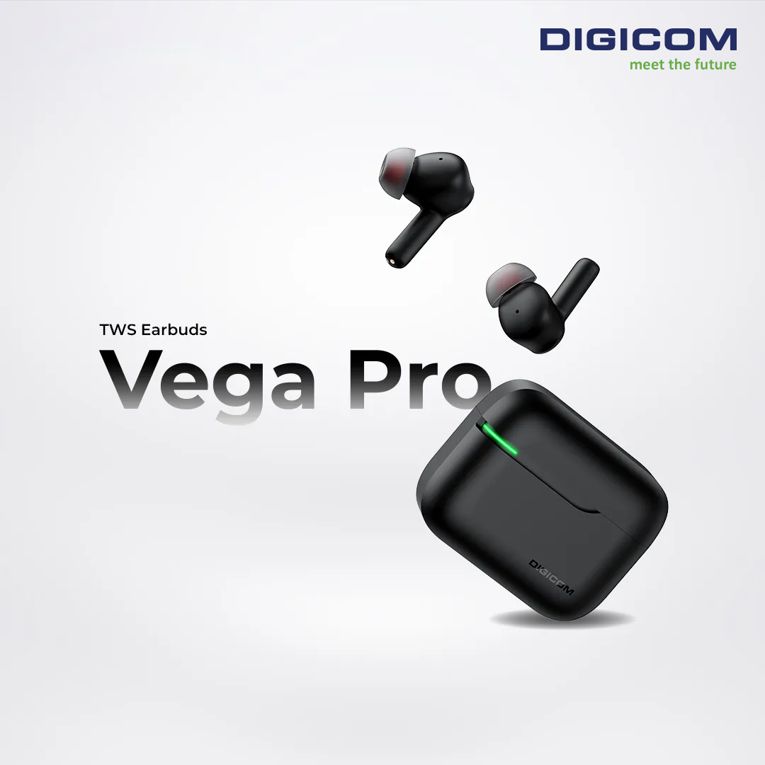 Digicom VegaPro EarBuds | 60 Hours Playtime | Dual Pairing | 12 mm Drivers | IPX5 Water Resistant | ANC, ENC, Transparency mode , Gaming Mode | Quad Mic